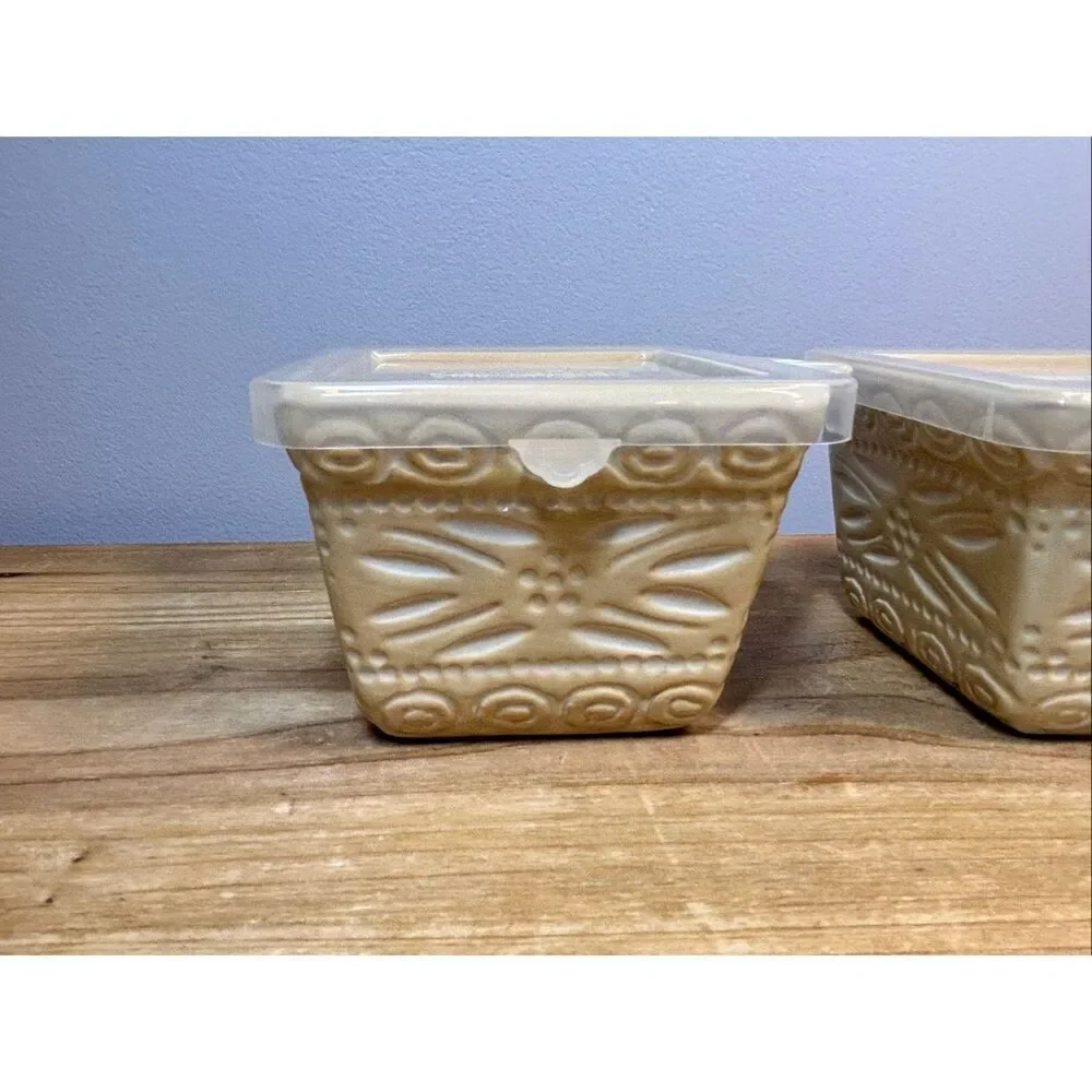 Temp-tations Carved Old World small 10oz ceramic baking dish with lid set of 2